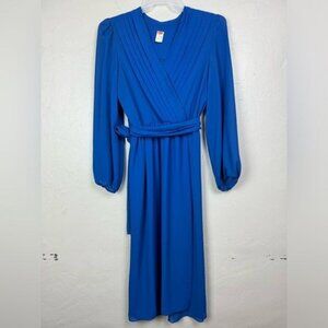 Vtg Blue V-neck Dress w Fabric Belt Size SMALL long sleeves modest cosplay retro